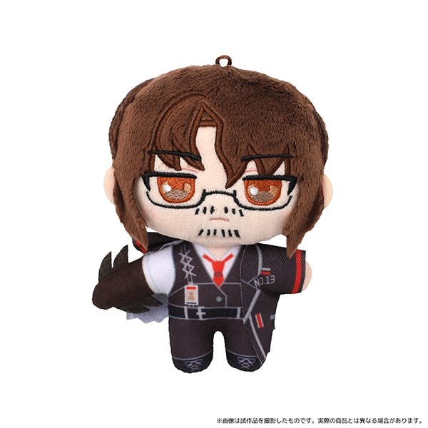 Front view of the Limbus Company "グレゴール" plush keychain showing the character's embroidered face, suit, and hanging loop.