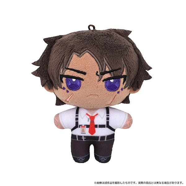 Front view of the Limbus Company Heathcliff plush mascot showing brown hair, purple eyes, a white shirt with red tie and black suspenders.