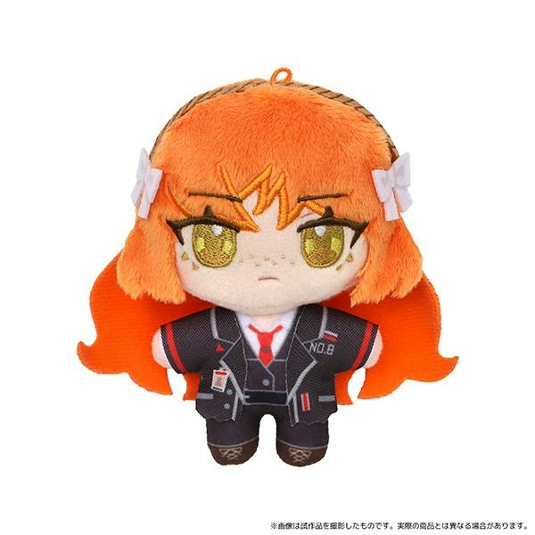 Front view of the Limbus Company plush mascot (Ishmael) showing the character's orange hair, facial embroidery, and full outfit.