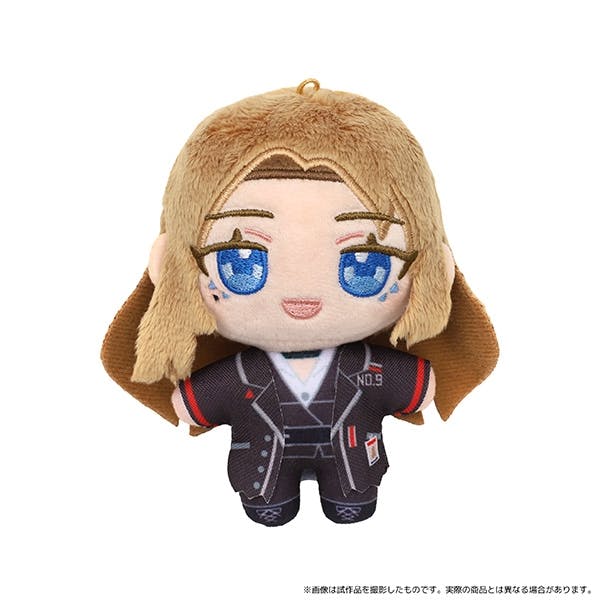 Front view of the Limbus Company plush mascot ロージャ showing the embroidered face, brown hair, and printed dark outfit.