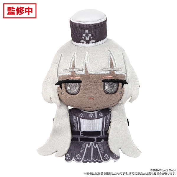 Front view of the Limbus Company Charon plush mascot showing embroidered face, small hat, and printed outfit.