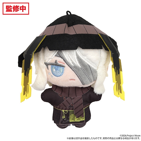 Front view of the Limbus Company Faust plush mascot showing embroidered face, white hair, and a black hat.