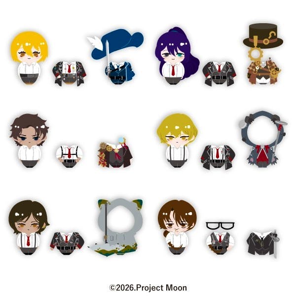Multiple chibi-style LIMBUS COMPANY badge designs (characters and outfit pieces) displayed on a white background.