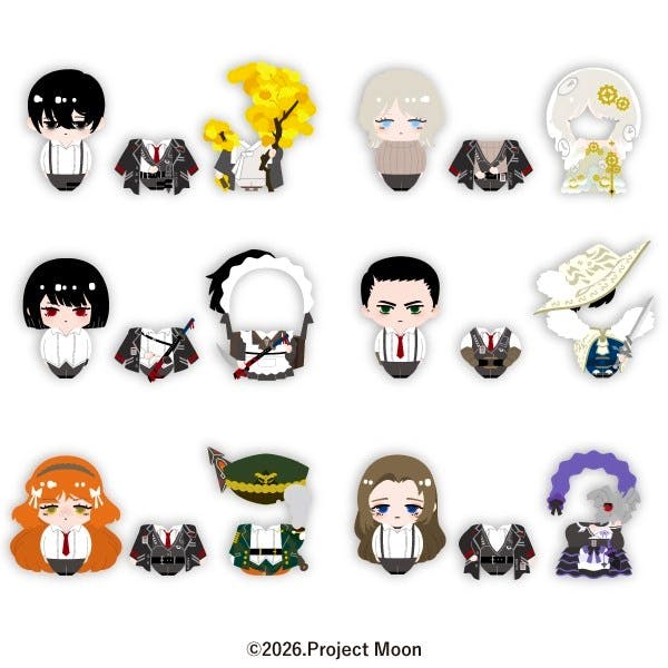 Multiple chibi character can badges from the LIMBUS COMPANY "ぺたちぇんバッジこれくしょんA" collection displayed on a white background.