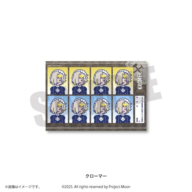 Sticker sheet showing multiple passport-style portrait stickers of the character クローマー from Limbus Company.