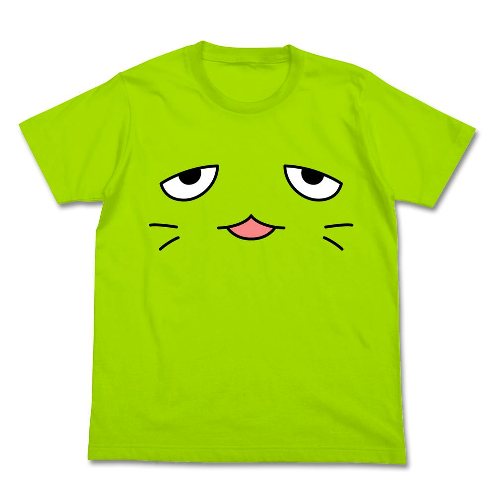 Front view of a men's lime-green T-shirt with a large cartoon face showing droopy eyes, whiskers, and a small pink tongue printed on the chest.