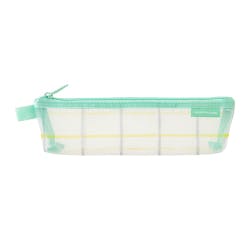 Side view of a green-trimmed mesh pencil case with a check pattern on a white background.