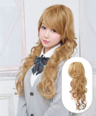 Model wearing the product, a long curly blonde synthetic half-cap wig, with an inset showing the wig alone.