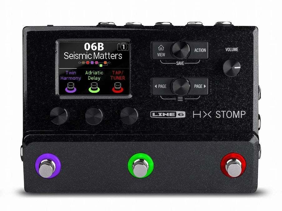 Front view of a black LINE 6 HX STOMP guitar effector showing its display, multiple knobs, and three colored footswitches.