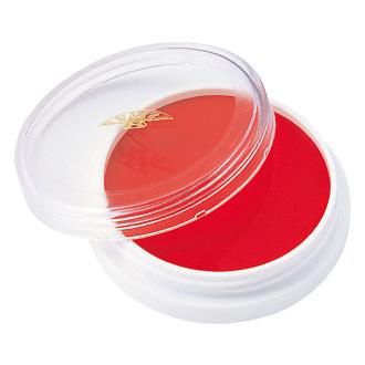 Open white round compact showing red eye shadow with a clear plastic lid.
