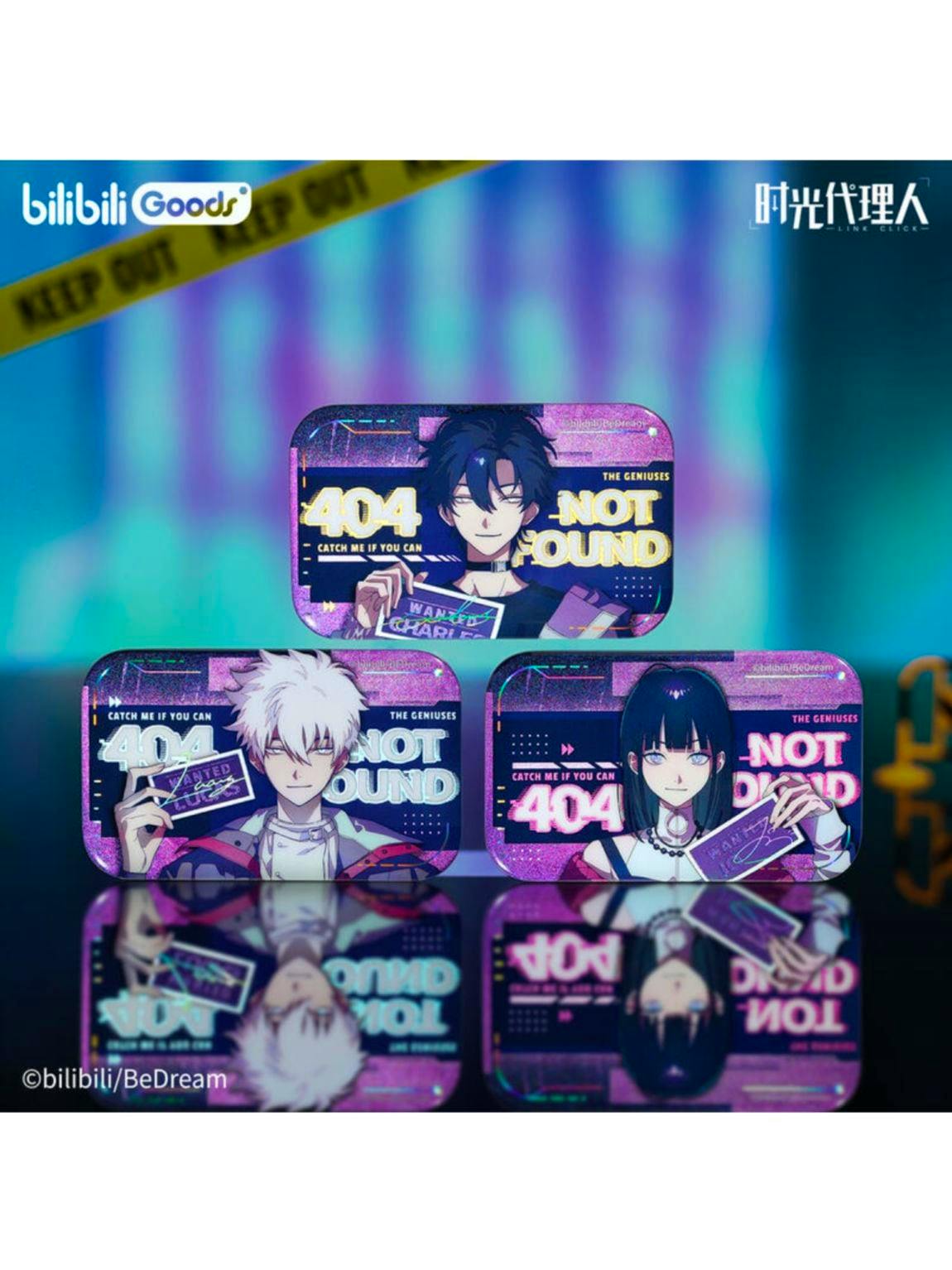 Three rectangular reflective can badges featuring anime-style characters from 時光代理人 displayed with mirrored reflections.