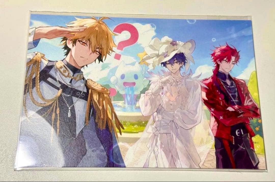 Postcard showing three illustrated characters from the 時光代理人 旅立つ series (劉梟, 夏斐, 蕭未影) against a bright outdoor background.