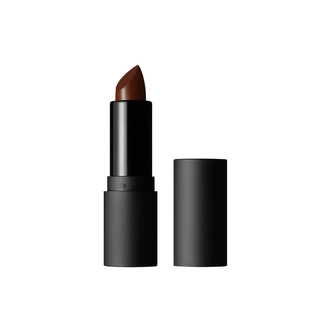 Lipstick in a black tube with its cap beside it, showing a dark brown lip color on a white background.