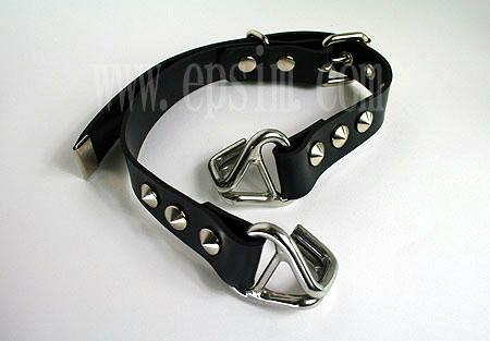 Black synthetic leather belt with metal studs and metal buckles displayed on a white background.