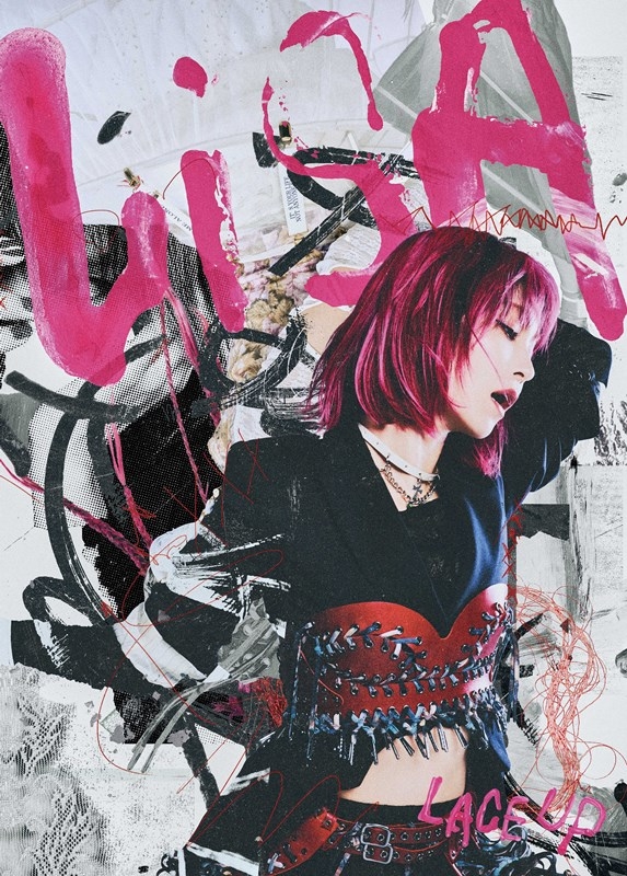 Album cover for LiSA's "LACE UP" showing the artist posing with pink hair against a collage, graffiti-style background.