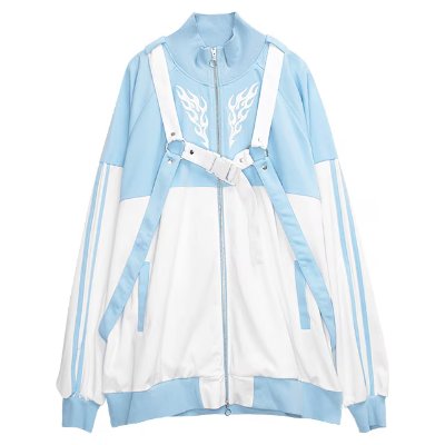 Front view of a light blue and white women's polyester jacket with a zip front and decorative harness straps.