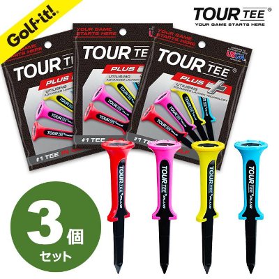 Colored TOUR TEE PLUS golf tees displayed in front of three package cards and a badge indicating a 3-piece set.