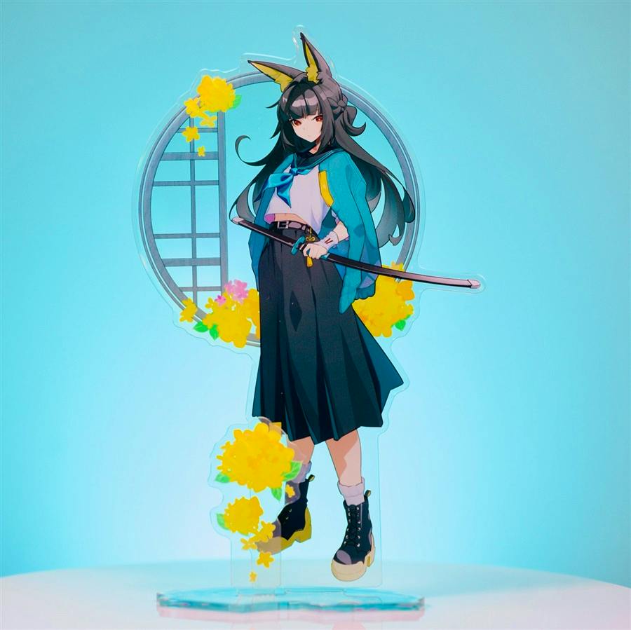 Acrylic decorative stand featuring an illustrated character cutout with a circular window and yellow flowers mounted on a clear base.