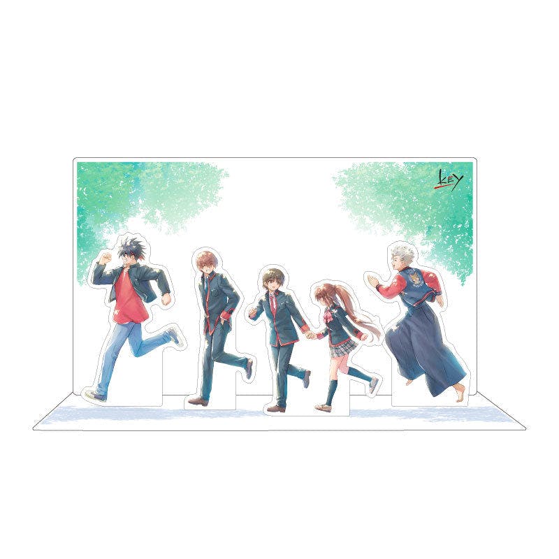 Acrylic decorative stand/keyholder showing five character acrylic cutouts arranged on a base with a leafy background.