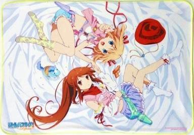 B2 tapestry showing Komari and another female anime character lying on a sheet with scattered items.
