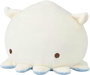 Front view of the LIV HEART Marshmallow Aqua Mie Squid bolster plush toy showing its round body, small brown eyes, and light blue-tipped tentacles.