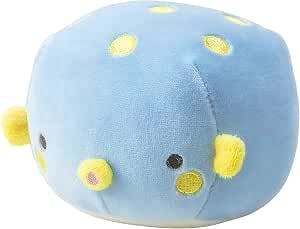 Blue marshmallow-style boxfish plush toy with yellow spots and small embroidered eyes and mouth.