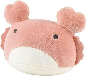Front view of a small pink marshmallow-style crab plush toy with a white belly and dark round eyes.