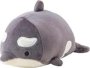 Front-left view of a gray and white orca plush toy with small fins on a white background.