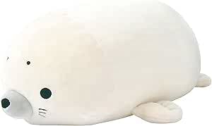 Marshmallow-style seal bolster plush toy with a simple face and small flippers on a white background.