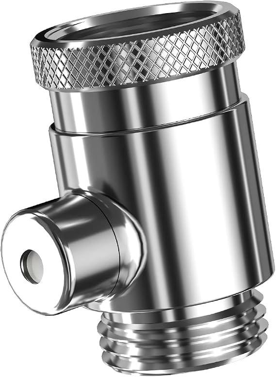 Close-up of a stainless steel Livella ultra-fine bubble shower head adapter showing the threaded connector and side nozzle.