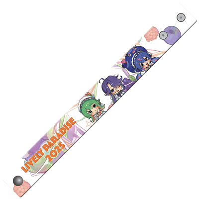 White cotton wristband printed with "LIVELY PARADISE 2025" text and several colorful chibi-style character illustrations.