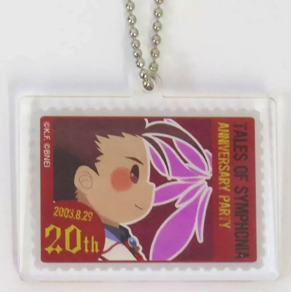 Rectangular acrylic keychain with a ball chain showing stamp-style artwork of Lloyd Irving and "20th" text.