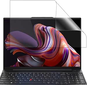 A laptop display with a clear protective film being applied over the screen, illustrating the LOE 16-inch 16:10 protective film.