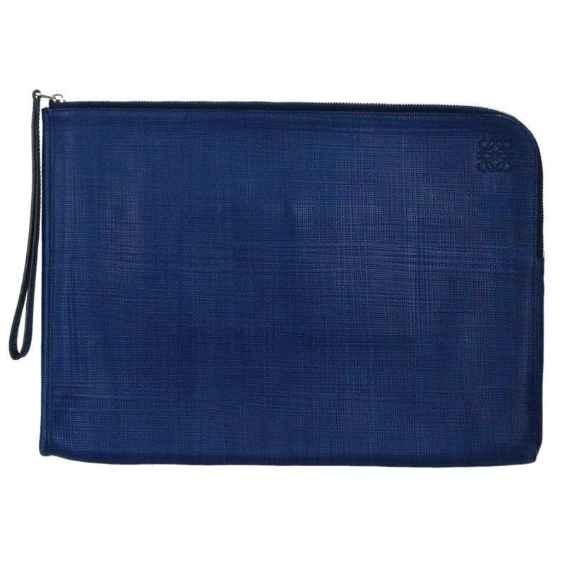 Blue LOEWE Anagram leather clutch bag with zipper and wrist strap, front view.