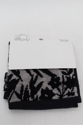 Folded black and gray floral polyester handkerchief with a white paper tag attached.