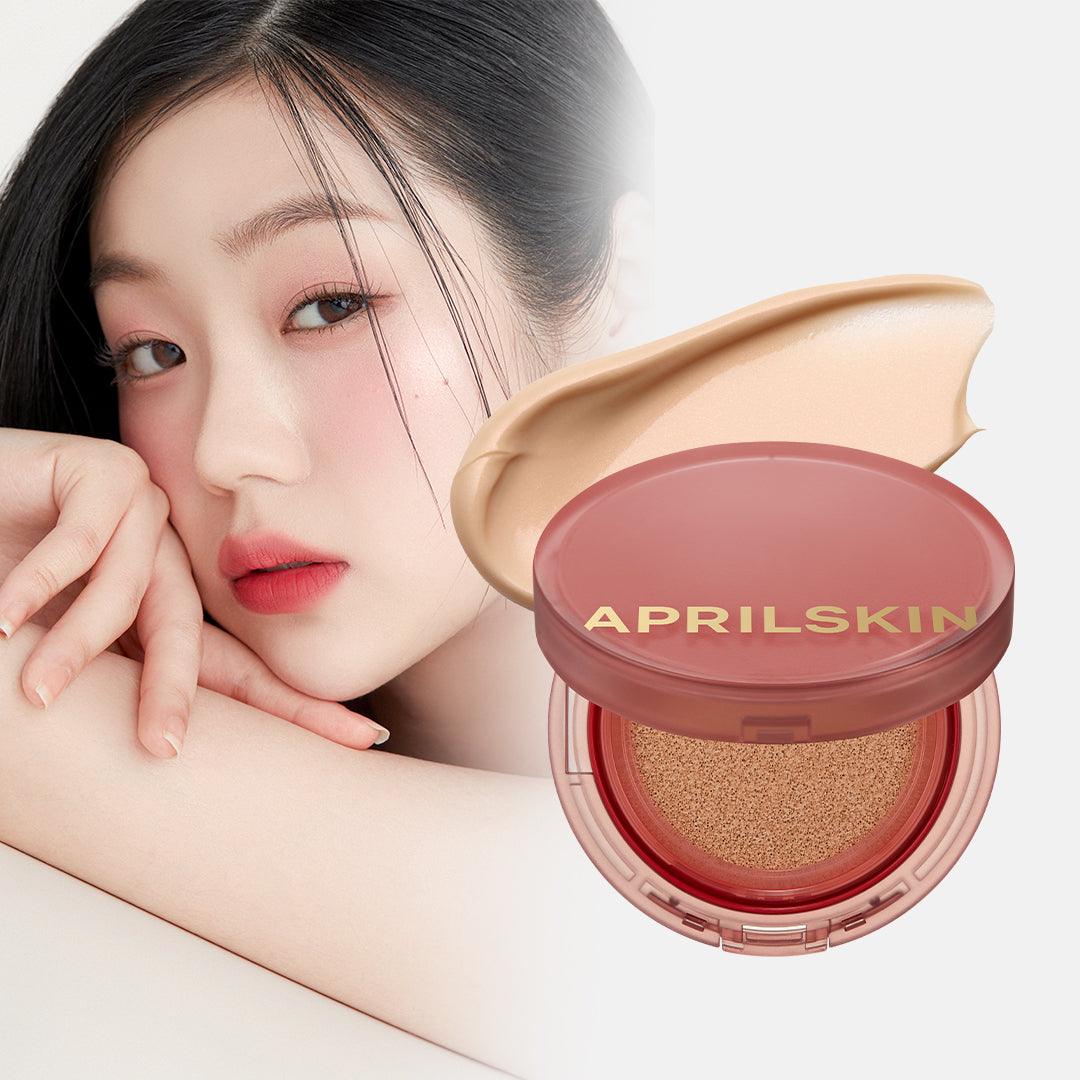 Open cushion compact of the face powder with a beige product swatch next to a woman's face.