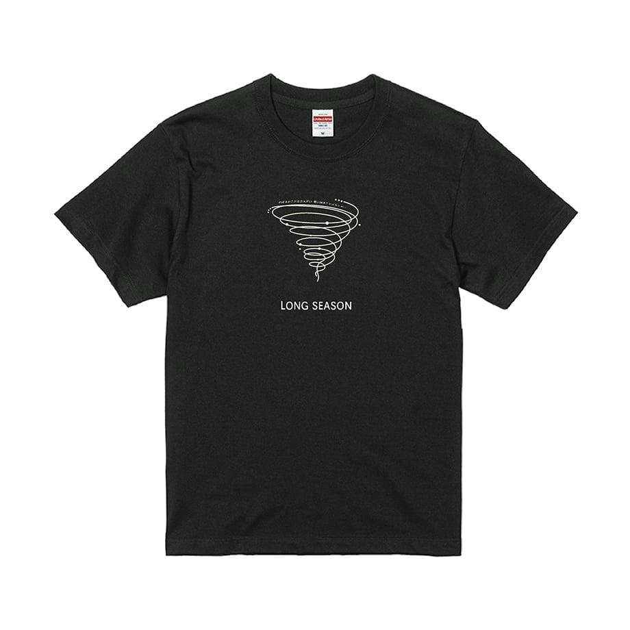 Black T-shirt laid flat showing a white spiral graphic and the text "LONG SEASON" on the chest.