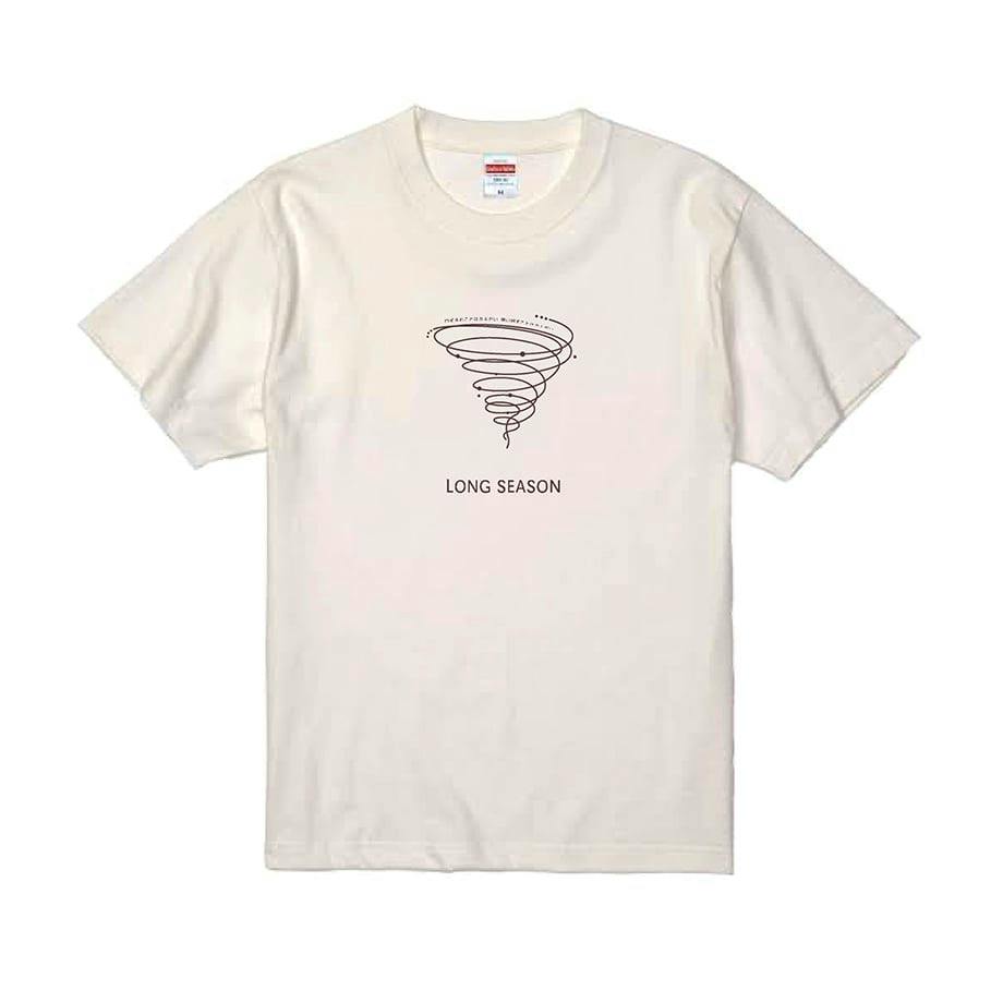 White cotton T‑shirt laid flat showing a spiral chest graphic with the text "LONG SEASON" beneath it.