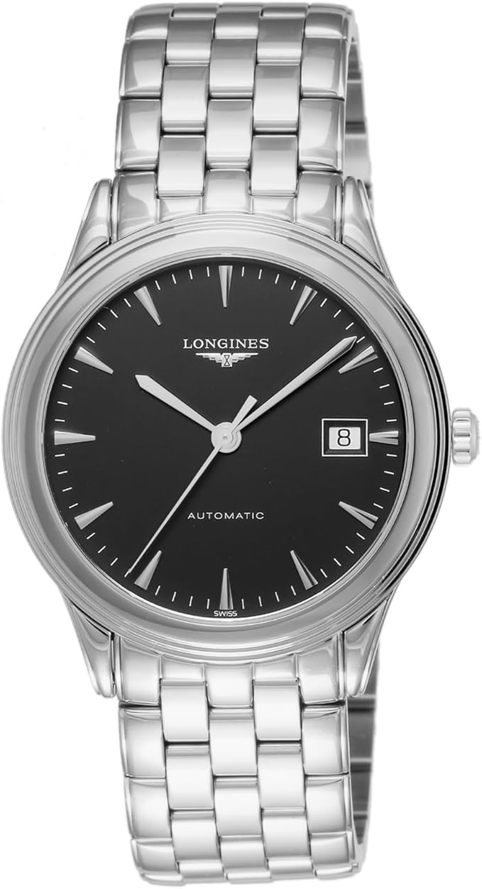 Front view of the Longines FLAGSHIP men's stainless steel automatic wristwatch with a black dial, date window at 3 o'clock, and metal bracelet.