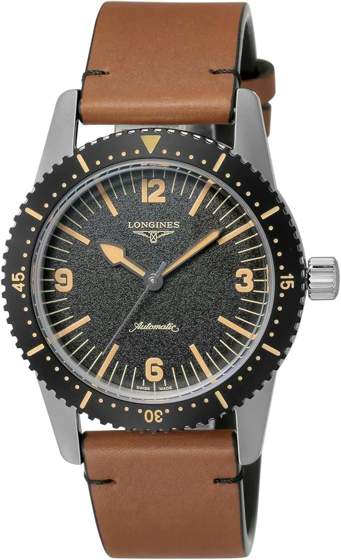 Close-up front view of the Longines SKINDIVER men's automatic wristwatch with a black textured dial, black rotating bezel, stainless steel case, and brown leather strap.