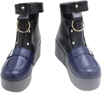 Front view of a pair of black and navy platform cosplay boots with ankle straps and metal rings.