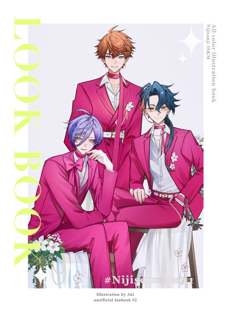 Front cover illustration for the comic book 新刊 LOOK BOOK showing three characters in matching pink suits against a pale background with the words "LOOK BOOK" at the left.