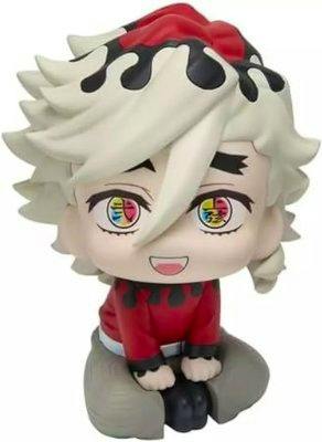 Chibi-style figure of Douma from Demon Slayer with white hair, multicolored eyes, and a red outfit in a seated pose.