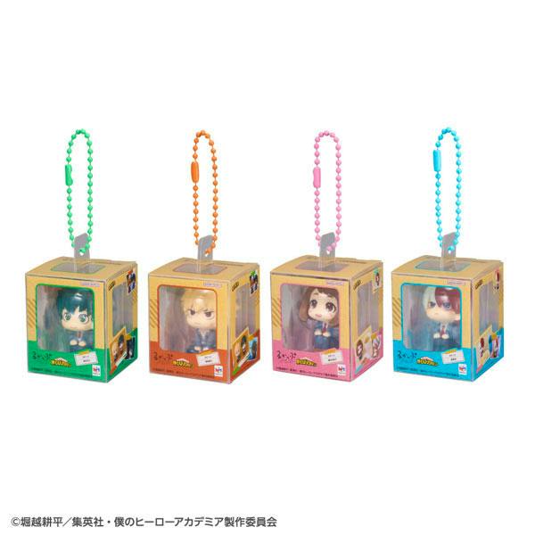Four boxed My Hero Academia miniature figures with colored ball chains displayed side by side.