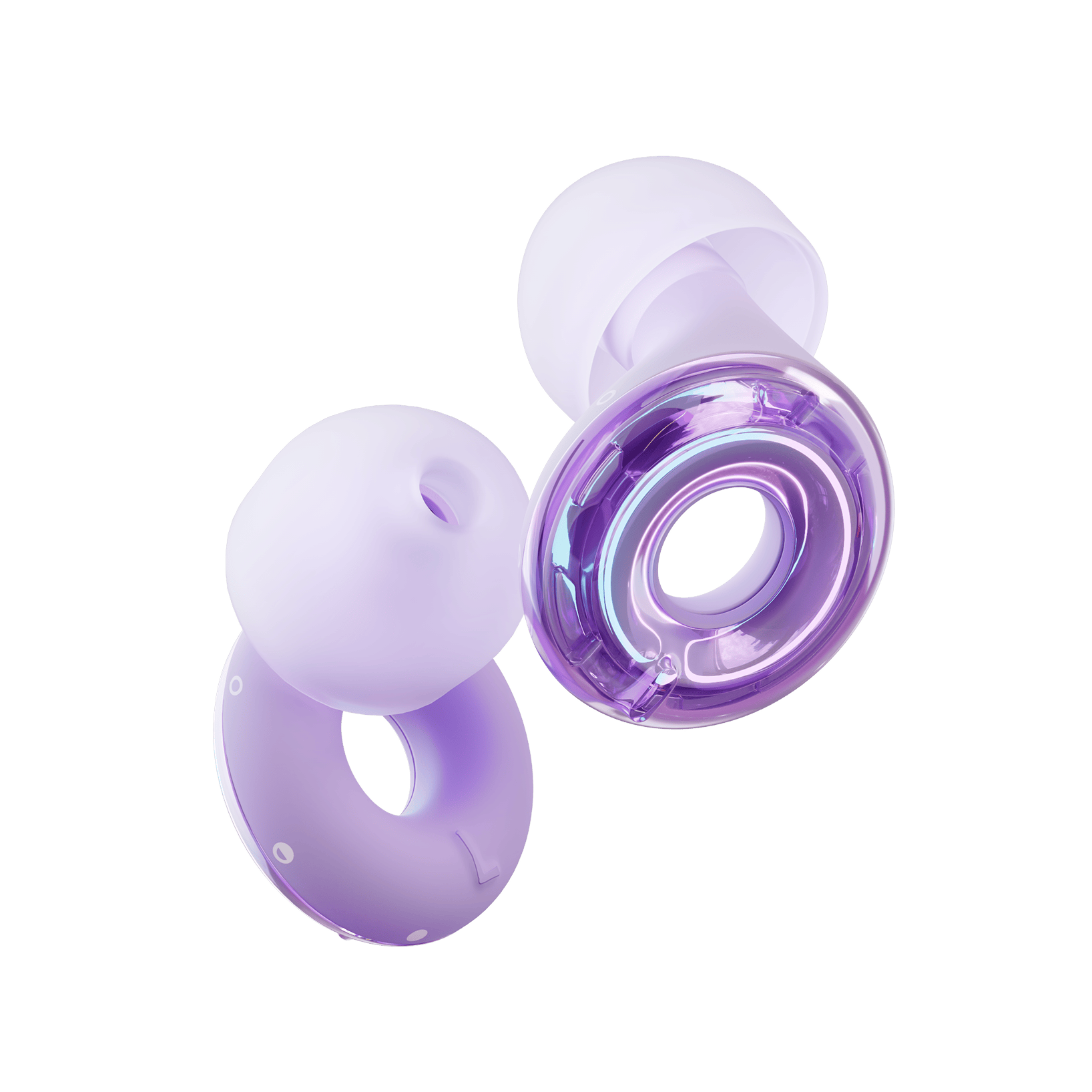 Close-up of iridescent purple Loop Switch ear tips for earplugs showing the eartip and translucent plastic ring.