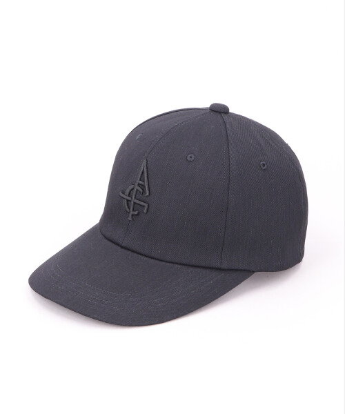 Three-quarter view of a dark cotton loose cap showing the front, visor, and a raised embroidered logo.