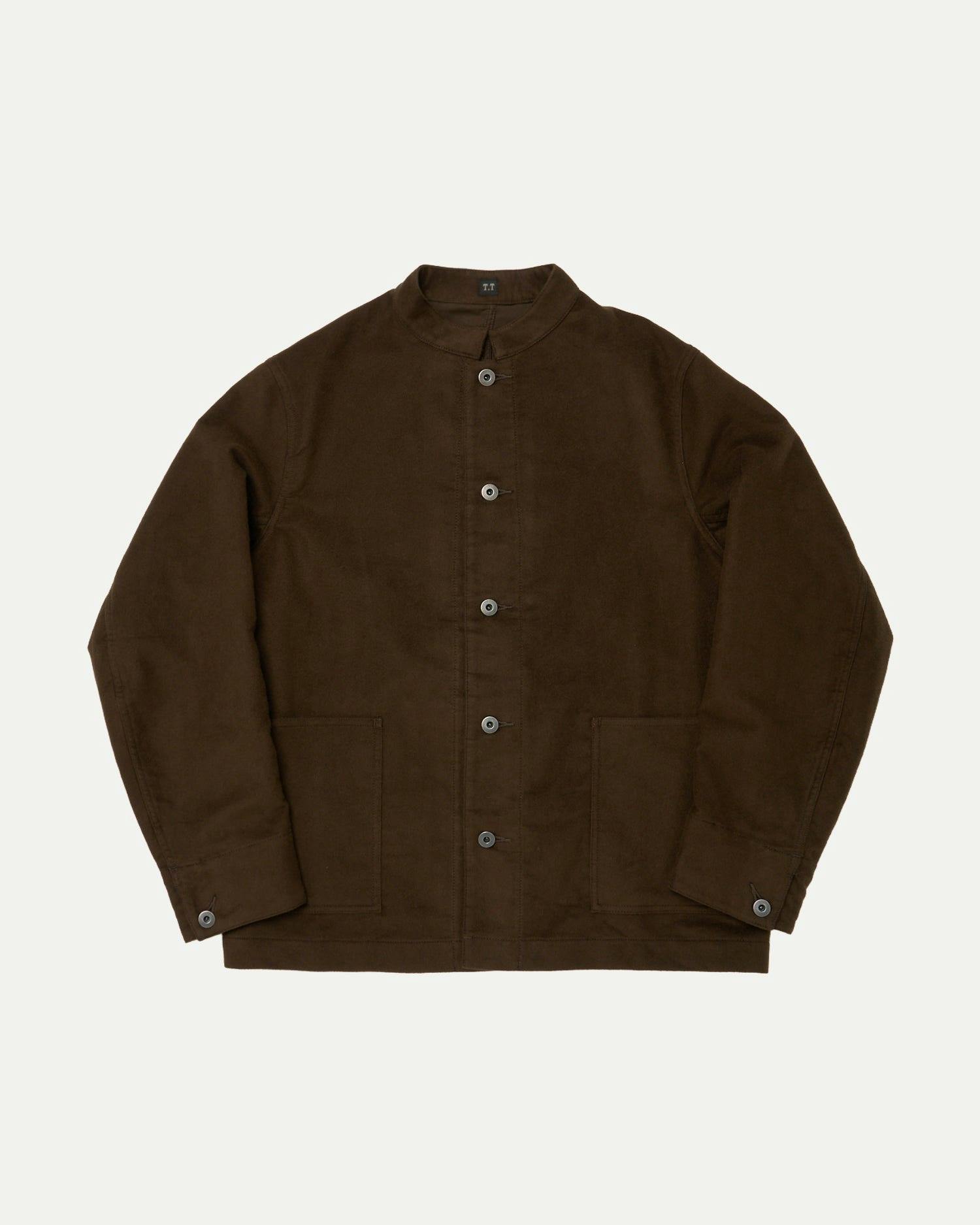 A brown stand-collar men's cotton jacket laid flat showing the front with button closure and patch pockets.