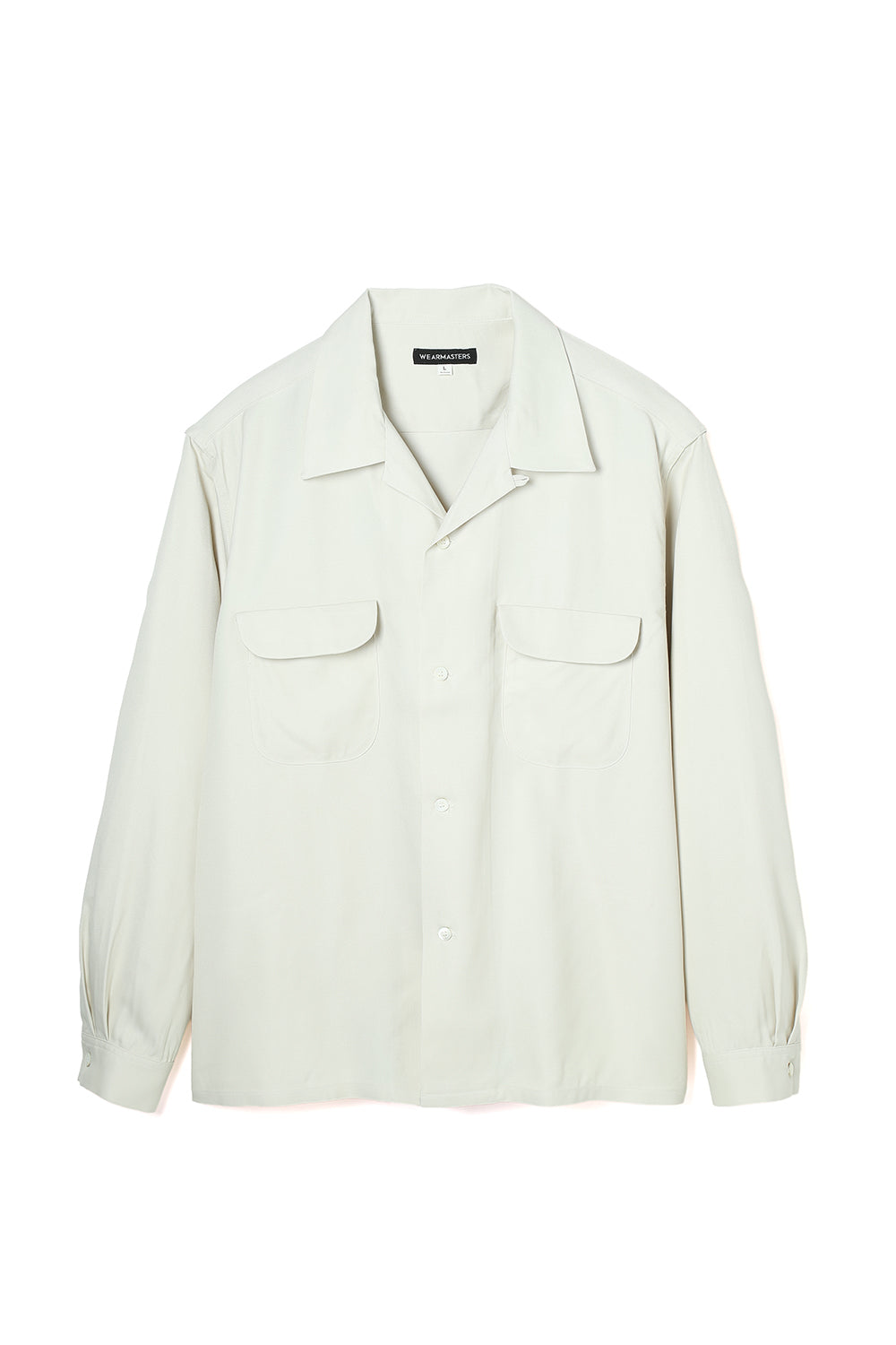 Front view of a natural-colored long-sleeve rayon men's shirt with two flap chest pockets.