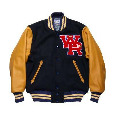 Front view of the men's wool award jacket with a dark body, tan sleeves, and a red "WR" patch.