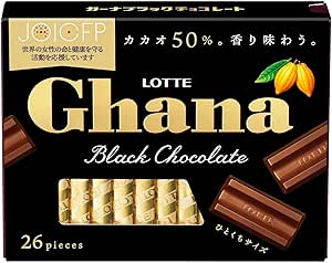 Front view of a Lotte Ghana Black Chocolate box showing the brand name and images of chocolate pieces.